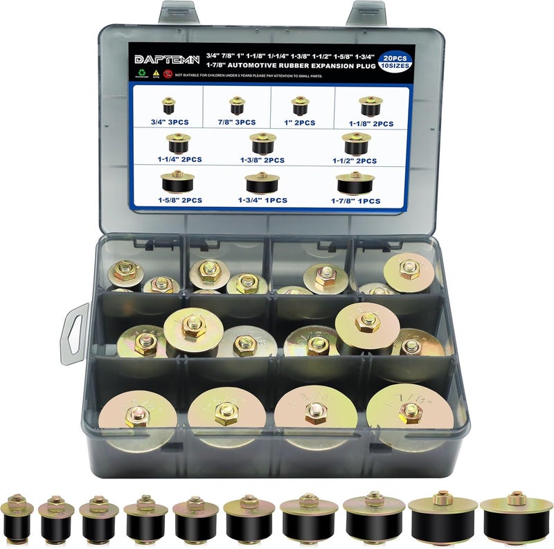 Daptemn 20PCS Expansion Freeze Rubber Plugs Kit,10 Sizes Automotive Engine Rubber Expandable Freeze Plugs Fit Hole 3/4" 7/8" 1" 1-1/8" 1-1/4" 1-3/8" 1-1/2" 1-5/8" 1-3/4" 1-7/8" - Image 1